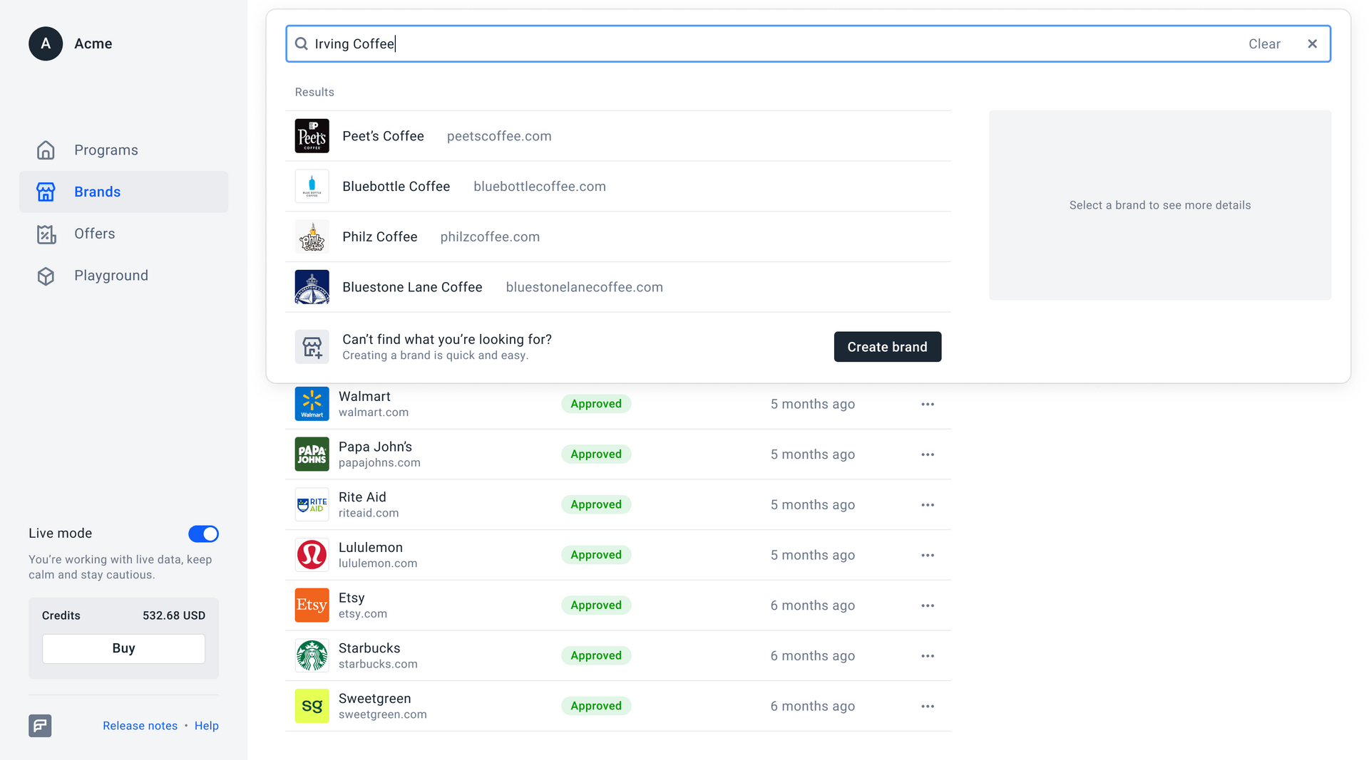 Dashboard brands screenshot